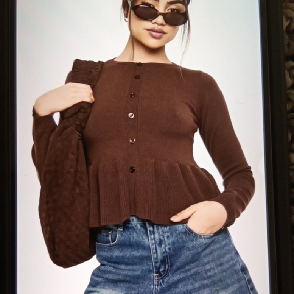 Marina Luna Boho Cibched Waist Peplum Knitted Cardigan Chocolate Brown Small - Picture 1 of 9